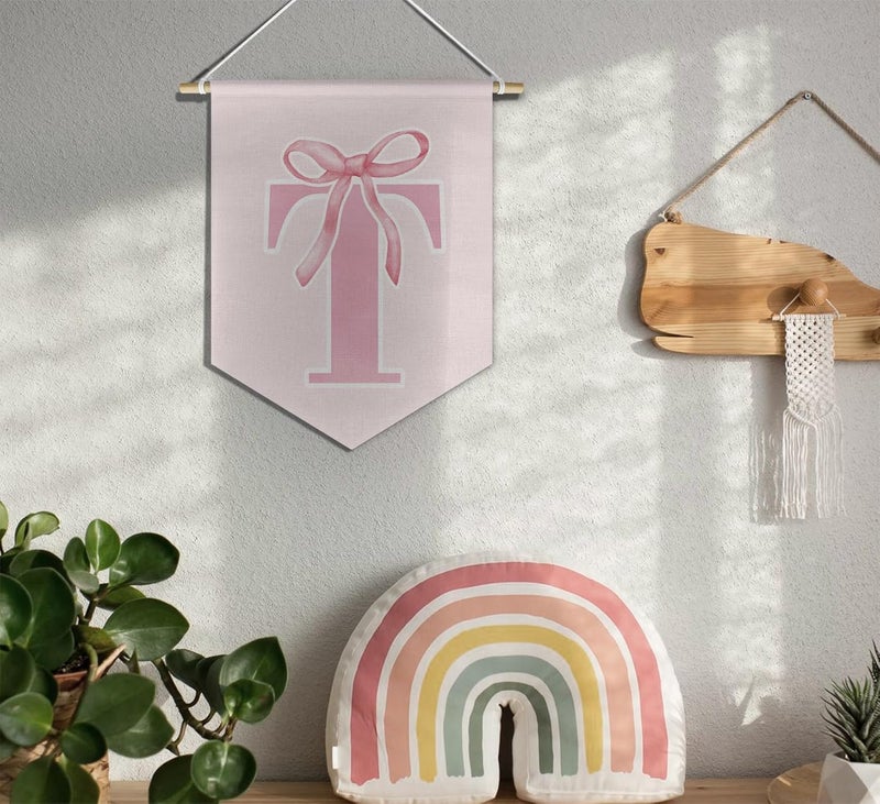 foedor initial Personalized Preppy Canvas Hanging Pennant Flag Banner, Coquette Pink Bow Teen Girl Gifts,Trendy Cute Monogrammed Gifts Wall Decor for Women Teen Girl Nursery bedroom(T) - Image 3